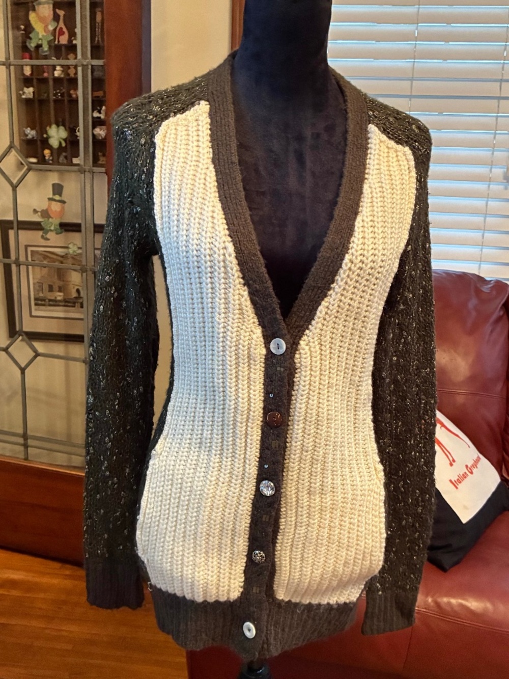 "BKE" sweater, cardigan, M, brown/ivory, silver sparkle